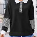 Zeagoo Sweatshirt for Women 2025 Color Block Fall Shirts V Neck Tops Loose Fit blouses long sleeves Polo Pullover Black L
