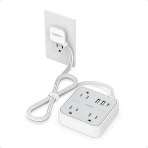 Short Extension Cord with Multiple Outlets 3 FT, TESSAN Small Flat Plug Power Strip with 3 USB (1 USB C) and Multi Outlets, Surge Protector Charging Station for Office, School, Dorm Room Essentials (Grey White)