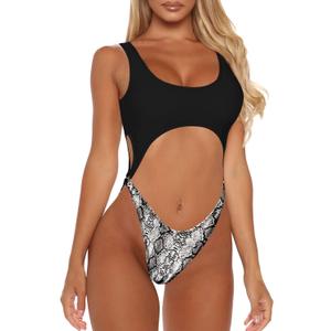 Viottiset Women's Cutout High Cut One Piece Thong Swimsuit Bikini Monokini Bandage (Large, Light Grey)
