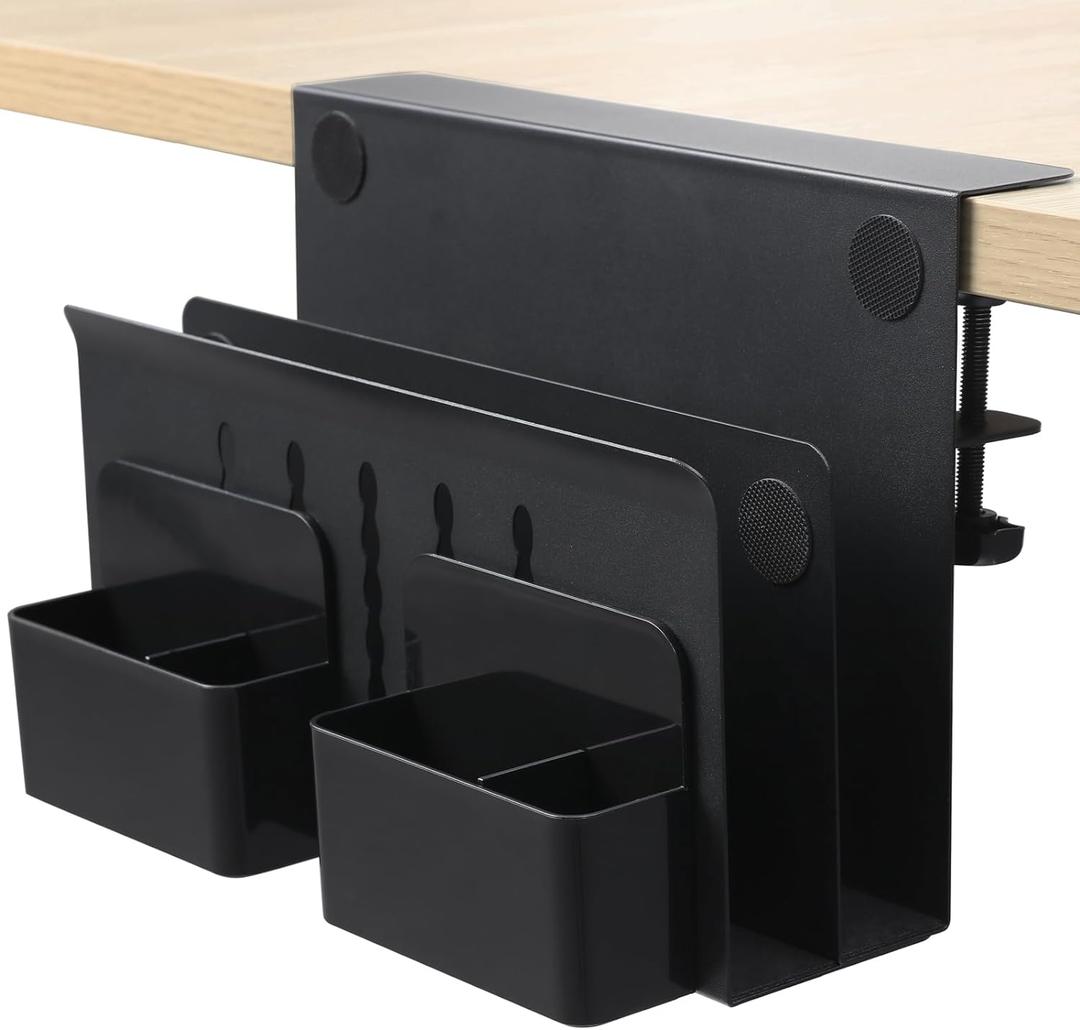 MAXECHO Desk Side Storage, Under Desk Laptop Mount, Table Side Hanging File Organizer, No Drill Clamp On Cable Management Tray, Laptop Holder with Magnetic Pen Holder for Office and Home, Load 22 Lbs (Black)