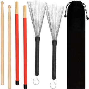 Tbrand Drum Sticks 1 Pair 5A Maple Wood Drum Sticks,1 Pair Retractable Drum Wire Brushes and 1 Pair Rods Drum Brushes set for Kids, Adults, Rock Band, Jazz Folk Students with Portable Storage Bag