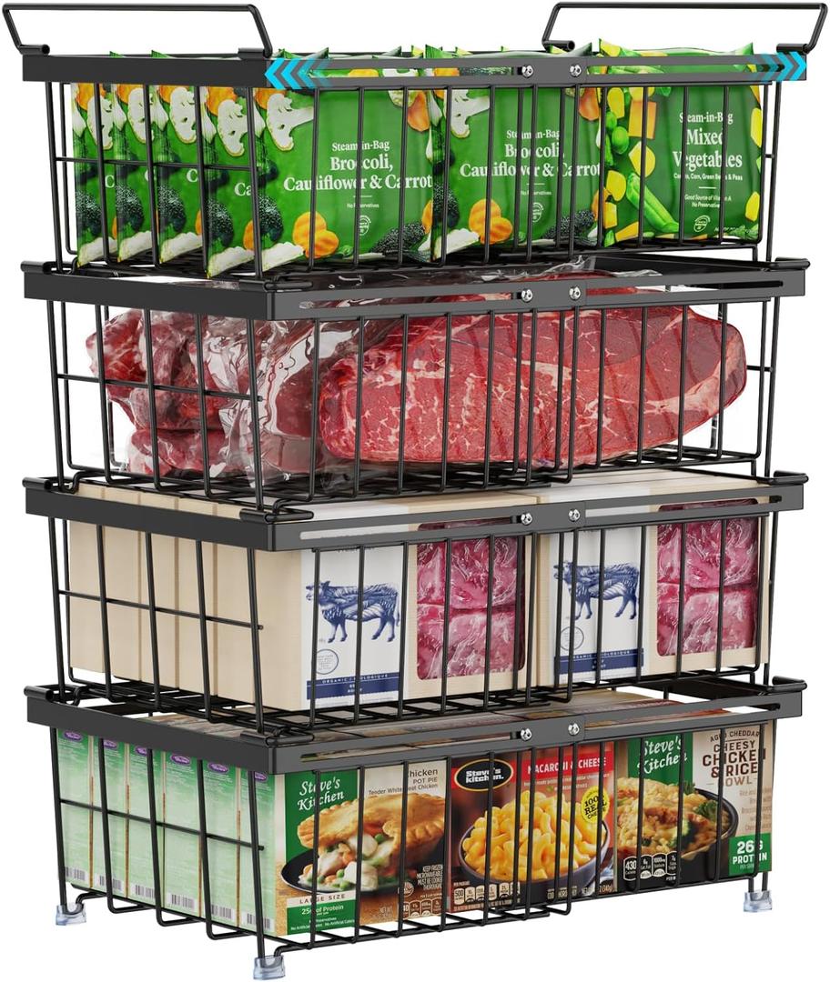 iSPECLE 4 Pack Freezer Organizer Bins, Adjustable Wire Baskets for 10 to 20 Cu.Ft Chest Freezer, Stackable Storage with Handles, Deep Freeze Organizer for Meat & Vegetables, Black