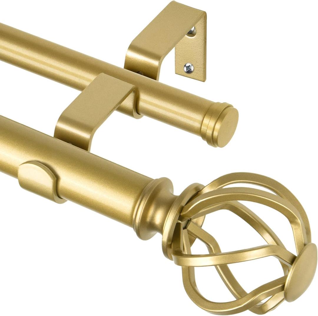 KAMANINA Gold Double Curtain Rod 36 to 72 Inches (3-6 Feet) Window Telescoping Drapery Rods, 1 Inch Heavy Duty Curtain Rods for Windows, Twisted Cage Ends