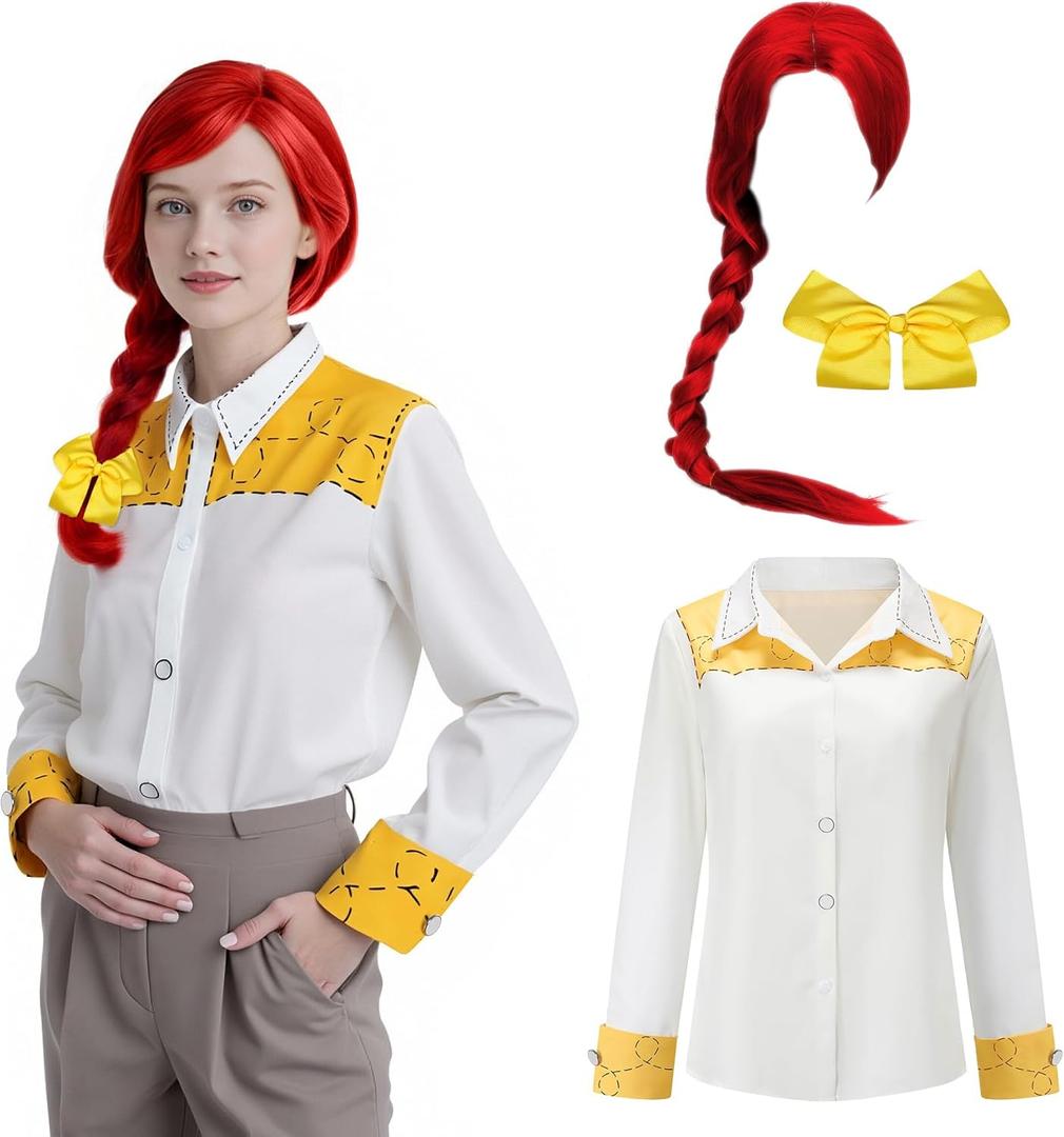 Cowboy Costume for Men with Yellow Plaid Button Down Shirt Men Cowboy Vest Cow Print Vest Halloween Western Outfit (X-Large, Shirt+wig+hair Clip)