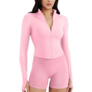 YEOREO SoftHue Women's Athletic Jacket Cropped Long Sleeve Workout Top Zip Up Gym Compression Shirts with Thumb Holes (Large, Pink)