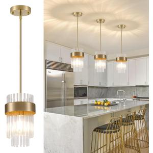 Dijiahua Gold Pendant Lights Kitchen Island 3 Pack,Modern Crystal Pendant Light Fixtures Over Table, Mini Brass Dining Room 1-Light Chandelier,Adjustable Cord Hanging Lamp for Bedroom,Hallway