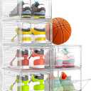 Thicken & Sturdy Clear Shoe Storage Organizer with Magnetic Door, Stackable Boxes for Closet, Foldable Space-Saving Shoe Rack for Sneaker Boot Container, Plastic Shoe Cabinet Shoe Box 6 Pack, White