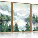 Celestdeco Watercolor Mountain Framed Canvas Wall Art Set, Boho Forest Wall Decor, Nature Green Pines Wall Painting, Forest Wilderness Artwork for Living Room, Bedroom, Dining Room, Office-16 x24 x3