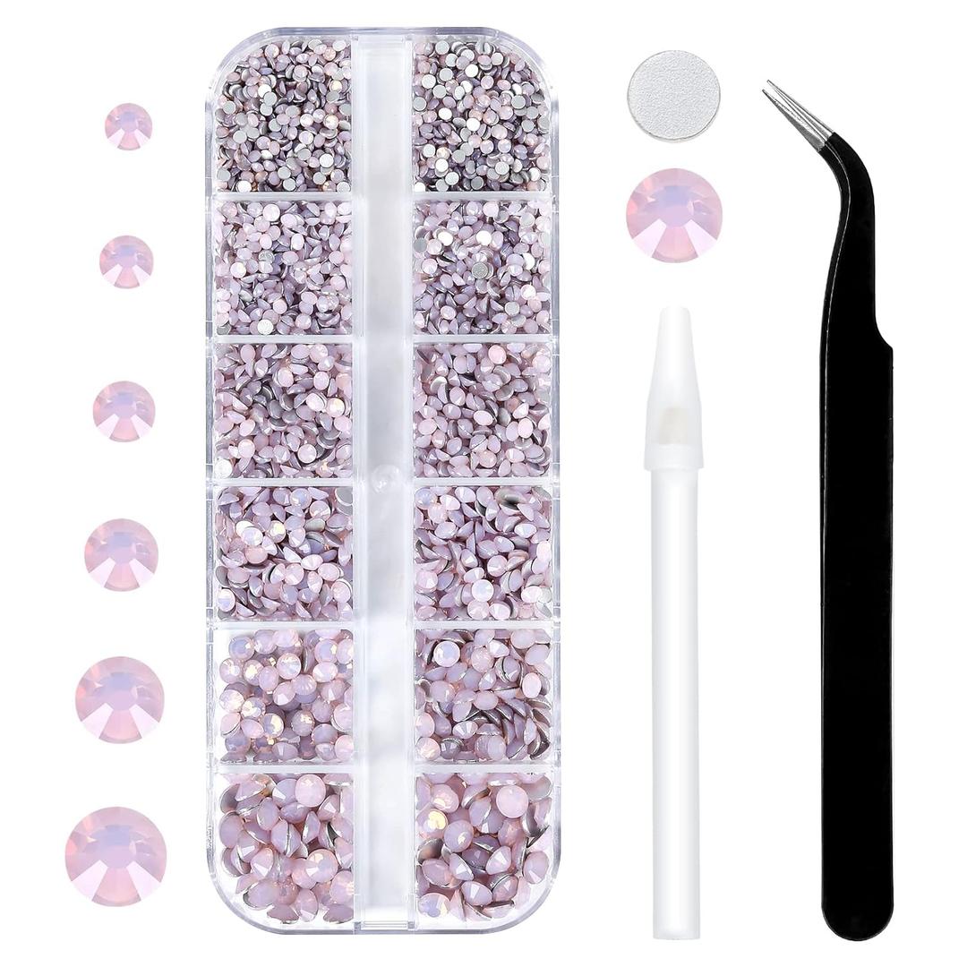 3792 Pcs Pink opal Crystal Flatback Rhinestones Set for Nail, Art, Crafts, Makeup, Tumblers Glitter Round with Tweezers and Picking Pen, (SS6~SS20) (Pink Opal)