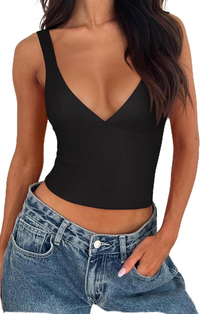 REORIA Women's Summer Sexy Deep V Neck Sleeveless Slim Fit Trendy Y2k Corset Cami Crop Tank Tops (Medium, Black)