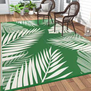 GENIMO Outdoor Rug 9' x 12' Waterproof for Patios Clearance, Reversible Outdoor Plastic Straw Camping Rug Carpet, Large Area Rugs Mats for RV, Picnic, Backyard, Deck, Balcony, Porch, Dark Green&White