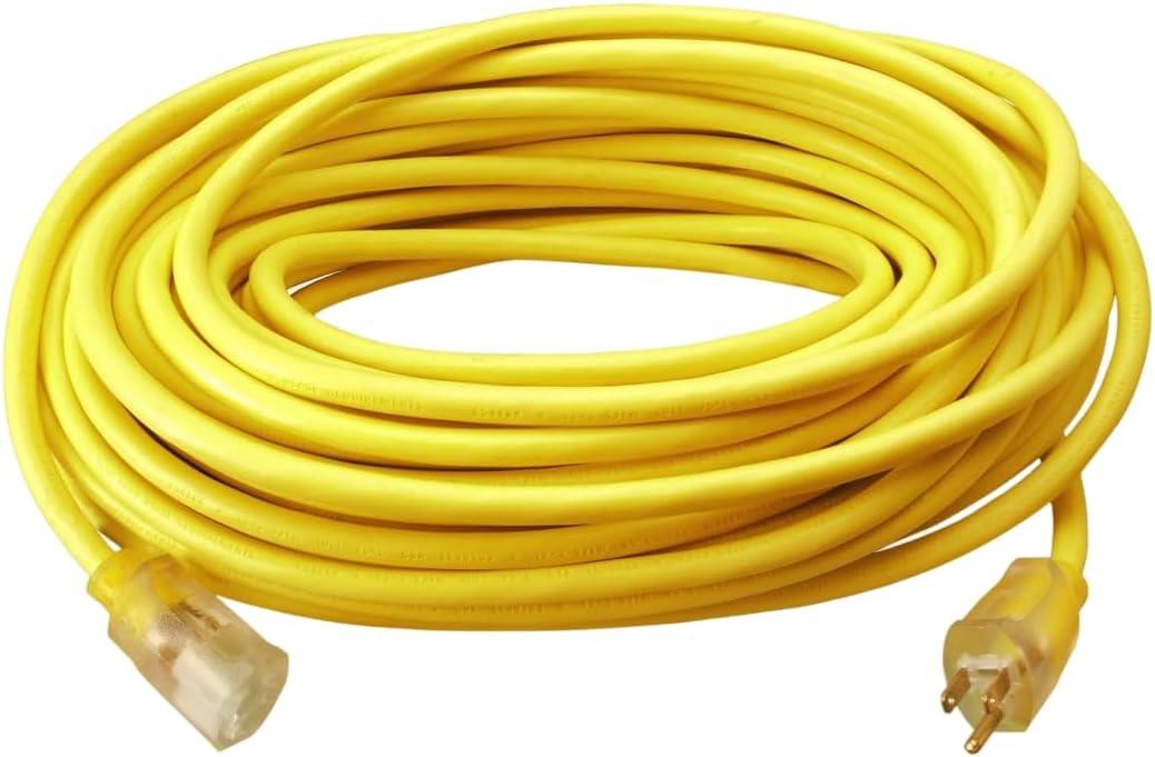 Southwire Outdoor Extension Cord  Durable Vinyl Jacket for For Farm, Ranch & Workshop - Lighted End With Reinforced Blades - SJTW, Yellow - 12 Gauge, 3 Prong - 50 Feet