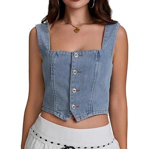 Springcmy Womens Denim Vest Sleeveless Square Neck Button Down Jean Waistcoat Jacket Y2K Summer Bustier Crop Tops Streetwear, Medium, B-Blue