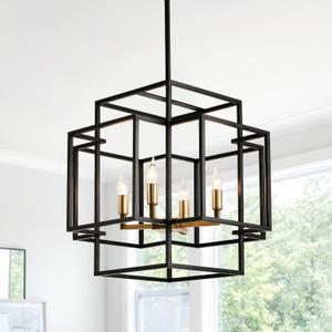 WJShome 4-Light Black and Gold Chandelier, Farmhouse Lantern Pendant Light, Industrial Ceiling Foyer Lighting Fixtures, Modern Chandeliers for Dining Room, for Kitchen Island Entryway Staircase