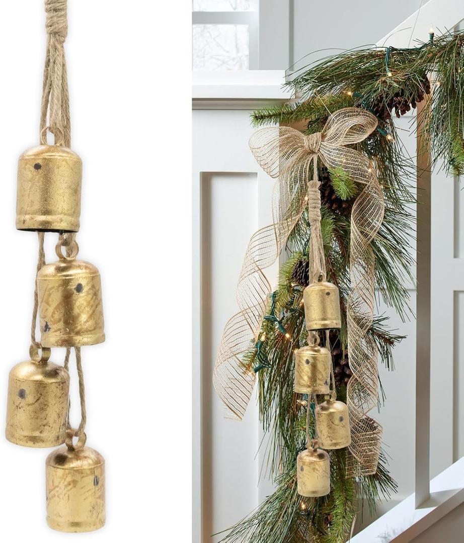 Vintage Gold Bells with Jute Hanging Rope Christmas Tree Decor Lucky Cow Bell Decorative Wall Hanging Decor Witch Bells for Crafts Door Hangers (Style 3)