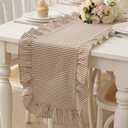 Taupe Stripe Ruffled Table Runner 72 Inches Long Scalloped Table Runner Rustic Cotton Tabletop Farmhouse Decor for Baby Shower Bride Shower Birthday Party Holiday Wedding