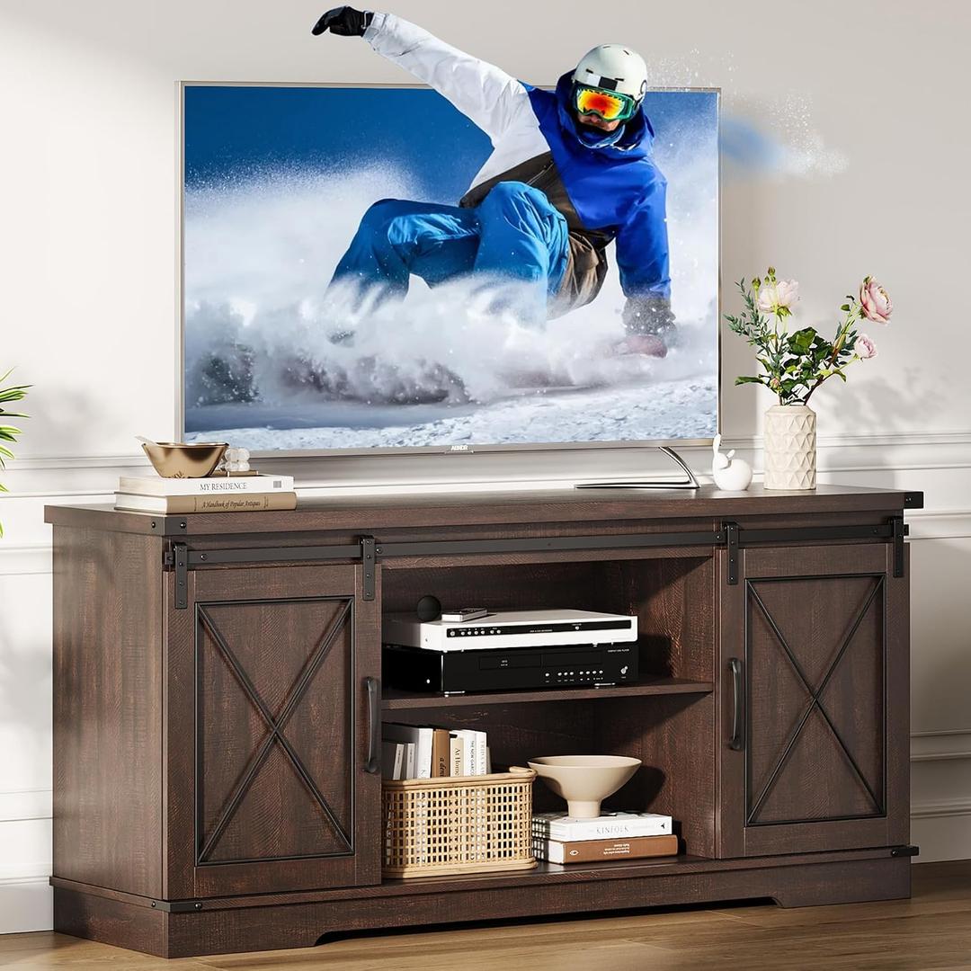 GarveeHome Farmhouse TV Stand with Sliding Barn Doors for 65 Inch TV Entertainment Center, Storage Cabinet, Adjustable Shelves, Media Console Table, Wood Grain Finish, for Living Room, Bedroom 59 in L x 16 in W x 28 in H