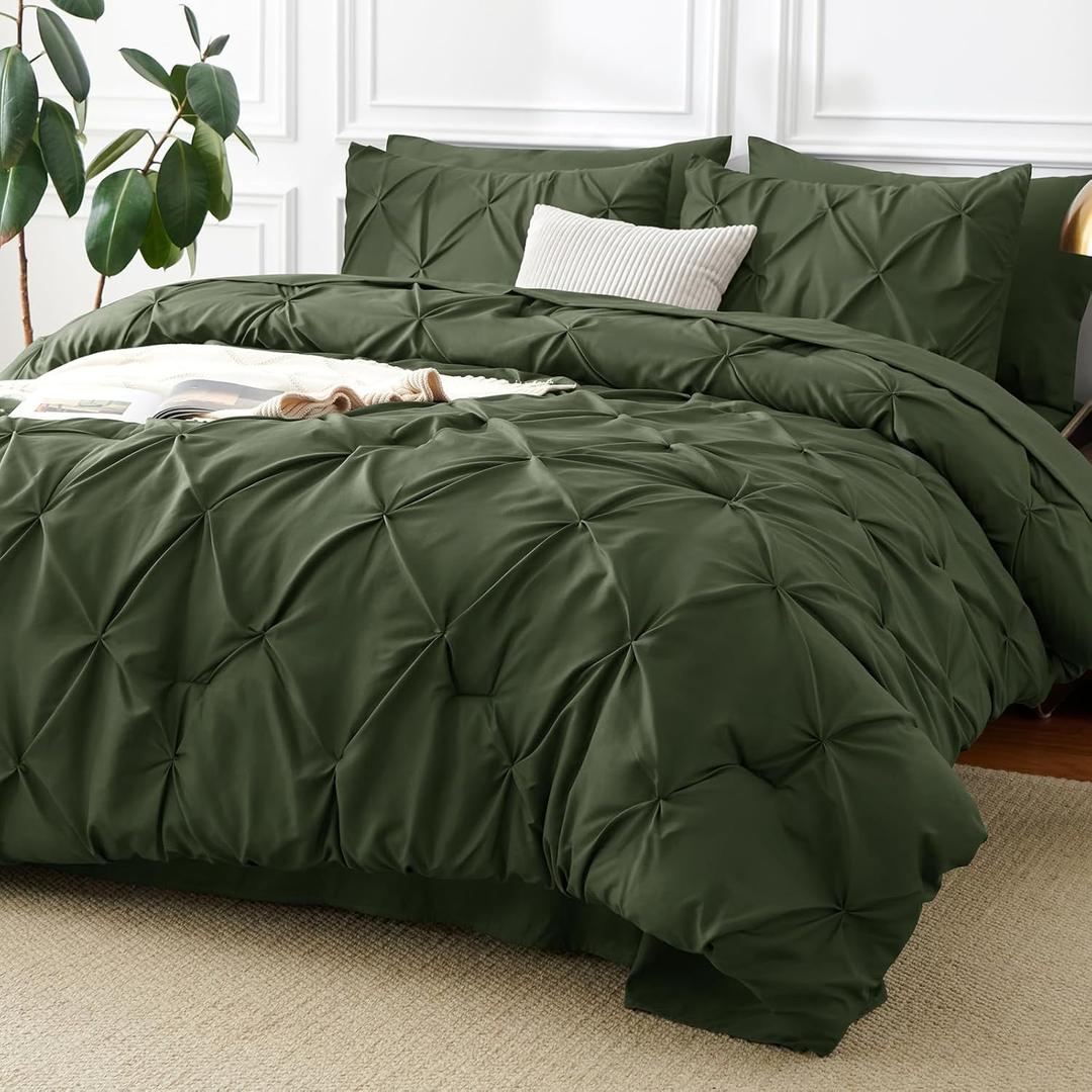 CozyLux Queen Comforter Set Olive Green, 7 Pieces Pintuck Bed in A Bag, Premium Green Comforter Queen Size, Pinch Pleat Bedding Sets with Comforter, Sheets, Pillowcases & Shams