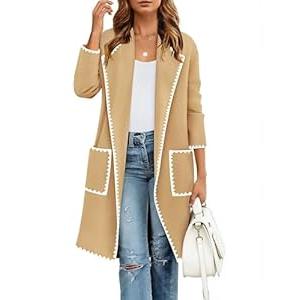 GraceSelect Womens Khaki Long Sleeve Maxi Cardigan, Open Front Oversized Knitted Sweater Coat, Casual Lapel Warm Overcoat with Pockets XL 
