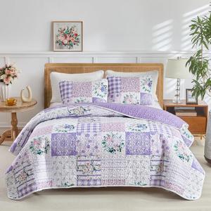 Joyreap 3 Pieces Floral Quilt Set Queen, Patchwork Purple n Pink Flowers Design, Smooth Soft Microfiber Quilt, Bedspread Bed Cover for All Season, 1 Quilt and 2 Pillow Shams- 90x90 inches