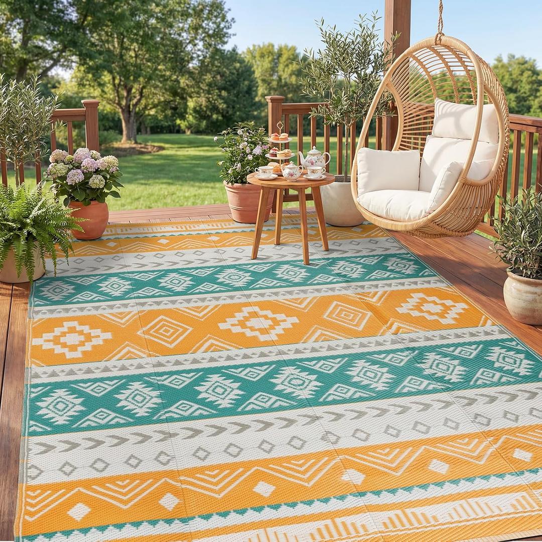 Outdoor Area Rug 6x9 Waterproof Patio Rug Reverisble Plastic Straw Outdoor Mat, Portable RV Mat Carpet for Deck, Camper, Porch, Balcony, Backyard, Picnic, Yellow