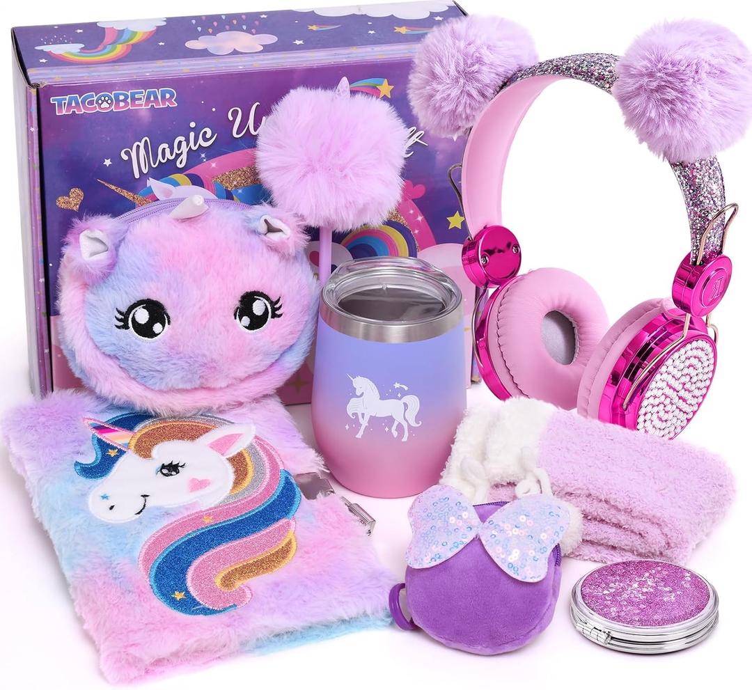 Tacobear Unicorn Gifts Girls Toy Age 5 6 7 8-12 with 3.5mm Wired Headphones Locked Diary Water Bottle Plush Bag Purse Socks Mirror, Christmas Birthday Gift Idea Toys for Teen Girl 6-10+ Years Old
