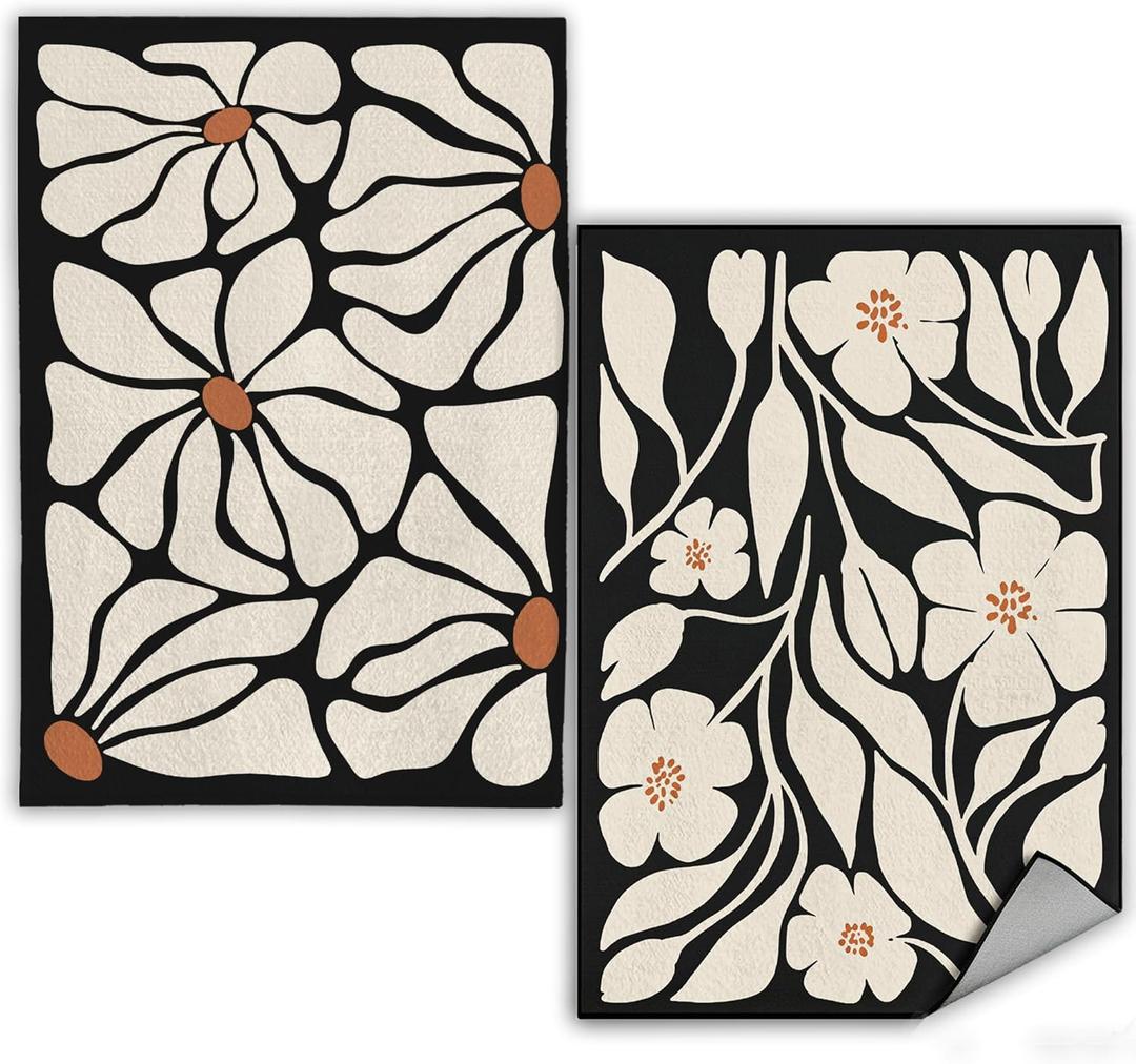 WFSM Boho Floral Kitchen Towels Set of 2- Black Floral Hand Towels, Beige Dish Towels, Decorative Kitchen Towels, Botanical Decorative Kitchen Towels, Boho Hand Towels for Bathroom, 1624 Inches