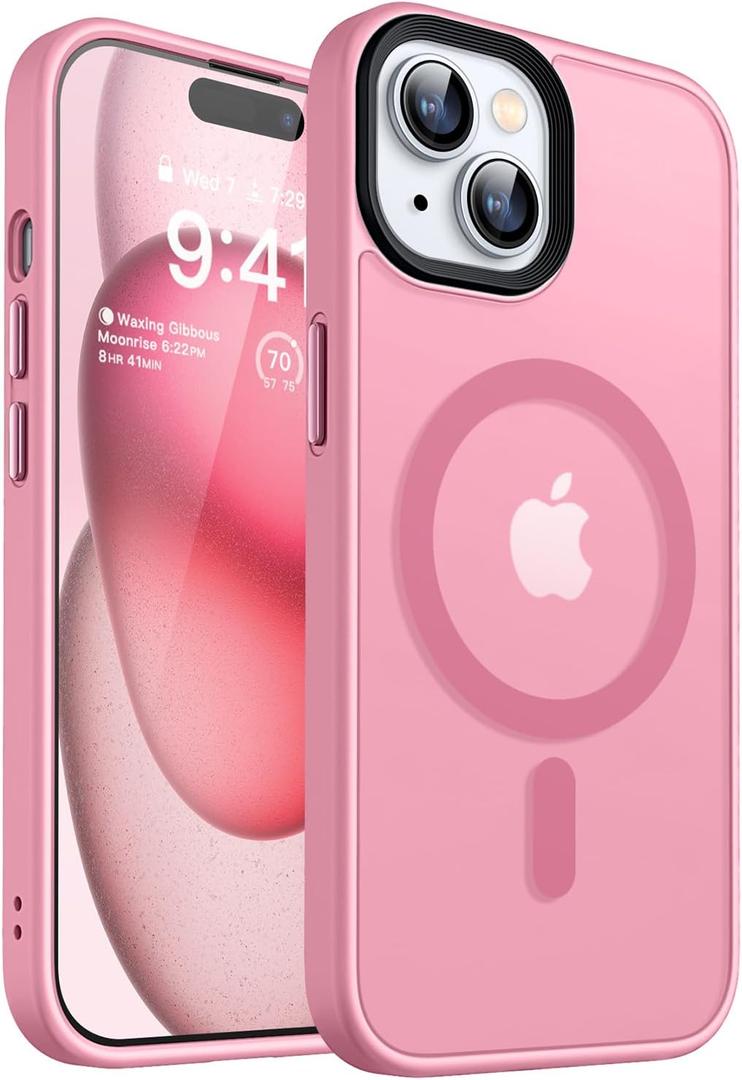 CANSHN Magnetic Case for iPhone 15 Case [Compatible with MagSafe & MIL-Grade Drop Tested] Slim Translucent Matte Cover, Anti-Scratch Shockproof Phone Case for iPhone 15 6.1 Inch, Pinkish