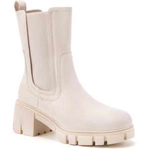 TINSTREE Women's Lug Sole Platform Boots Mid Calf Elastic Chunky Block Heel Leather Chelsea Booties (9, White)