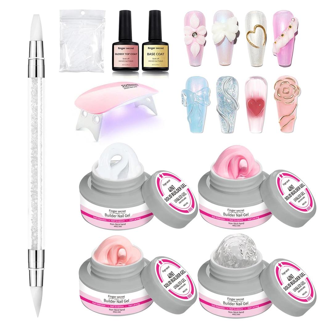 Solid Builder Gel for Nails 240g 4oz Builder Gel Nail Kit Non-sticky for Nails Extension DIY Nail Thickening Solution 3d Sculpture Hard Sculpting Glue Molding Building Forms UV Lamp (1, 4colors)