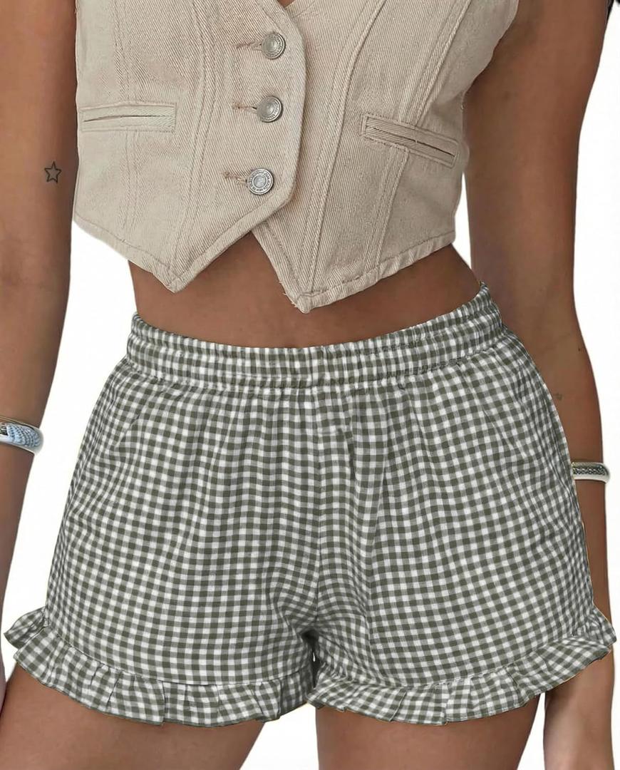Aoulaydo Boxer Shorts for Women Pajama Gingham Shorts Casual Lounge Sleep Plaid Y2K Beach Bottoms for 2026 Summer, Large