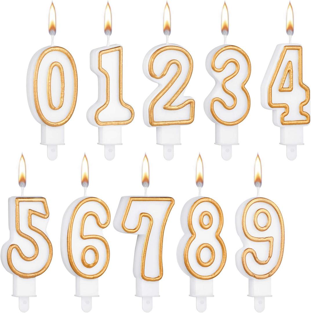 10 Pieces Cake Number Candles Birthday Numeral Candles Numbers 0-9 White Bougie with Golden Edges Cake Topper Bougie Decoration for Wedding Birthday Party Supply