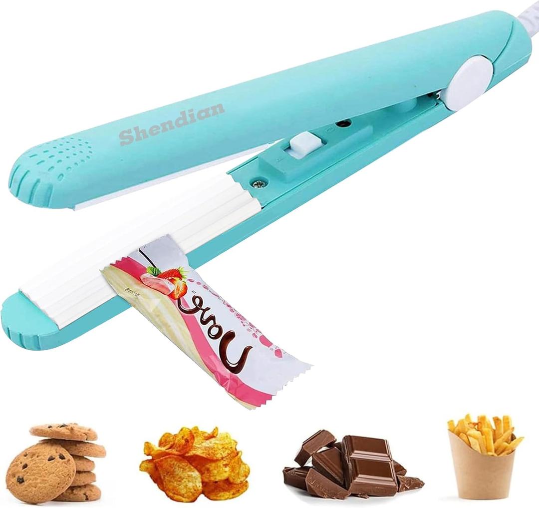 Mini Chip Sealer - Portable Kitchen Handheld Bag Resealer - Heat Vacuum Sealer Machine Gadget with Power Cable for Snack, Plastic Bags & Food Storage - Keep Cookies Fresh(Blue) (LC-FKJ-Blue)