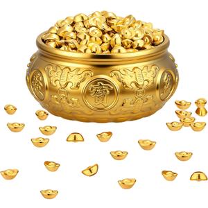 Brass Feng Shui Golden Treasure Basin with 350pcs Ingot Yuan Bao Good Luck Wealth Prosperity Figurine for Feng Shui Decor for Home Office Decor Housewarming Gift
