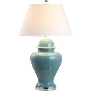JONATHAN Y JYL6620A 33" Tall Teal Ceramic Ginger Jar Table Lamp for Living Room, Modern Traditional Bedside Nightstand Lamp for Bedroom with White Linen Shade and Chrome Base, LED Bulb Included