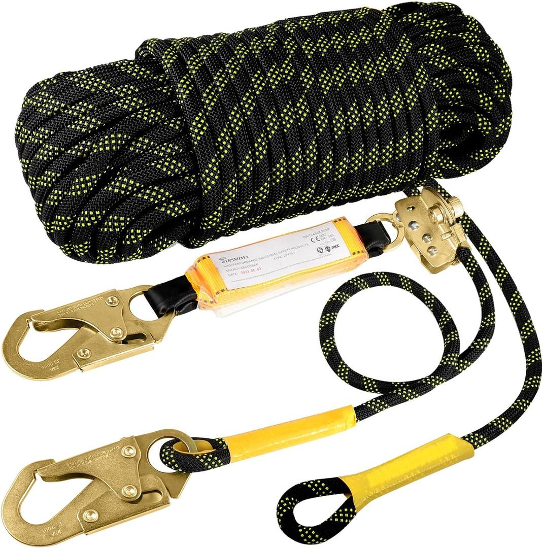TRSMIMA Rope Harness Safety Lanyard50ft Vertical Roofing Rope With Grab Snap Hooks Shock Absorber - Fall Protection Tree Climbing Line Kit Heavy Duty Roof Safety Equipment ANSI CE