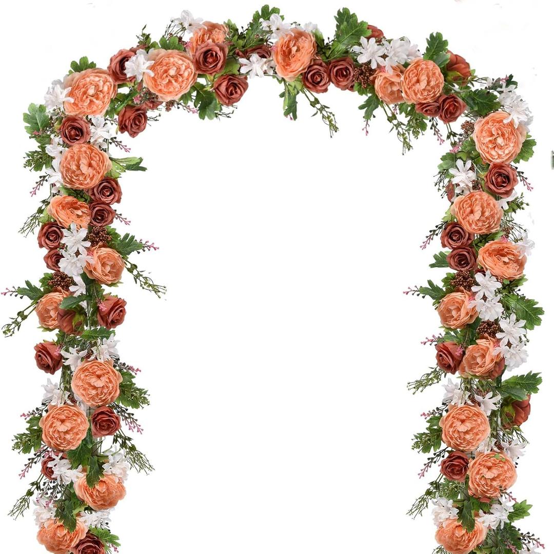 2 Pack Artificial Peony Flower Garland - 6ft Silk Peony Garland Flower Vine Silk Roses Flowers for Wedding Arch Party Table Decor (Orange)