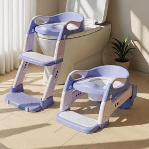3-in-1 Potty Training Seat & Training Toilet & Potty Chair, Height AdjustableToddler Toilet Seat for Kids, Foldable Potty Training Toilet with Splash Guard & Anti-Slip Steps (Purple)