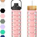 MUKOKO 24oz Glass Water Bottle with 2 Lids-Handle Flip Lid&Bamboo Straw Lid,Motivational Water Tumbler with Time Marker Reminder and Silicone Sleeve, Leakproof-Pink