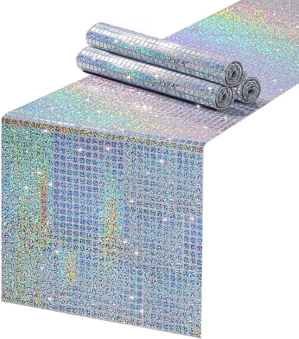 MoKoHouse Laser Silver Sequin Table Runner: 4 Packs 13 x 72 Inches - Mirror Glitter Disco Party Table Runners for Retro 70s 80s Theme Disco Dance Birthday Bachelorette Party Decorations