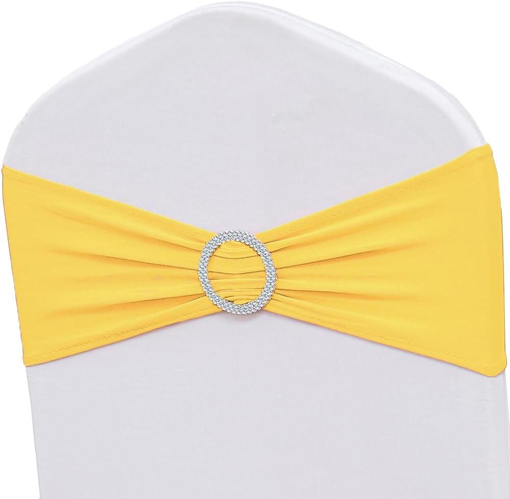 50 Pack Spandex Yellow Chair Sashes Bows Stretch Chairs Bands with Buckles Universal Elastic Chair Ties for Party Celebration Engagement Anniversary Ceremony Events Wedding Decorations