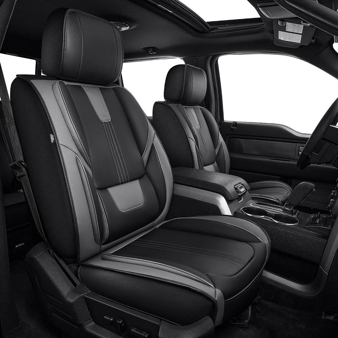 IKABEVEM for Ford F150 2009-2024 2025 2026 Seat Covers - F250 F350 F450 2017-2025 2026 Seat Protectors with Waterproof Leather(Full Set,Black & Grey)