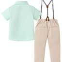 DISAUR Toddler Boy Clothes Suit, Formal Dress Shirt with Bowtie+Suspender Pants Boy Gentleman Wedding Outfits Green, 7-8t
