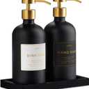 Glass Soap Dispenser Set of 2 (Black) with Silicone Tray | Hand and Dish Soap Dispenser for Kitchen and Bathroom | 16.8 Oz Glass Bottles with Stainless Steel Pump & 15 Waterproof Labels (Black/Gold)