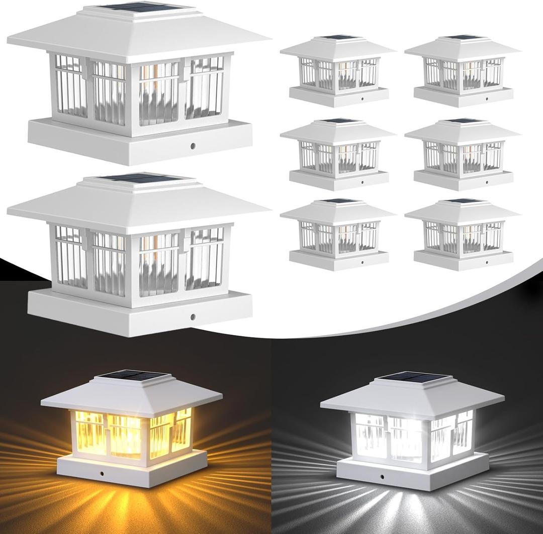 4x4 Solar Post Cap Lights, 8 Pack Fence Deck Post Lights Outdoor Solar Powered Waterproof with Two Light Modes Warm&Cool White for Garden Patio Decor. (Classic White, 8)