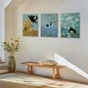 3 Piece Funny Black Cat 3 Piece Posters, Cat Pictures in Vintage Water Lilies, Almond Blossom Cute Cat Canvas Wall Art by Fantasy Artist Van Gogh, Black Cat Art Wall Decor for Bedroom Living Room Bathroom Art Prints 12x16 Inches. Unframed
