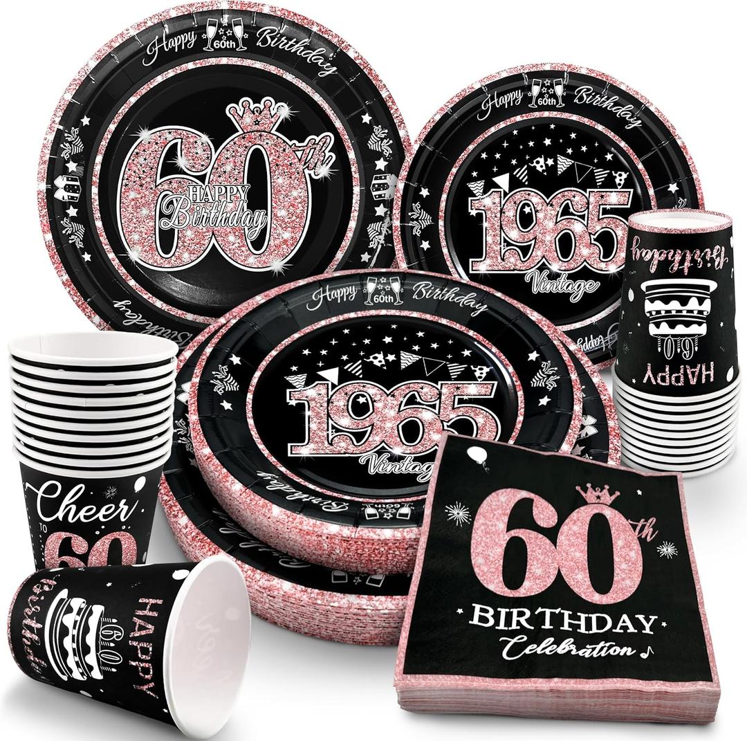 60th Birthday Decorations Rose Gold, Service for 30, Vintage Party Supplies Includes Rose Gold 1965 Plates, Napkins,Cups 60th Birthday Plates and Napkins for Women