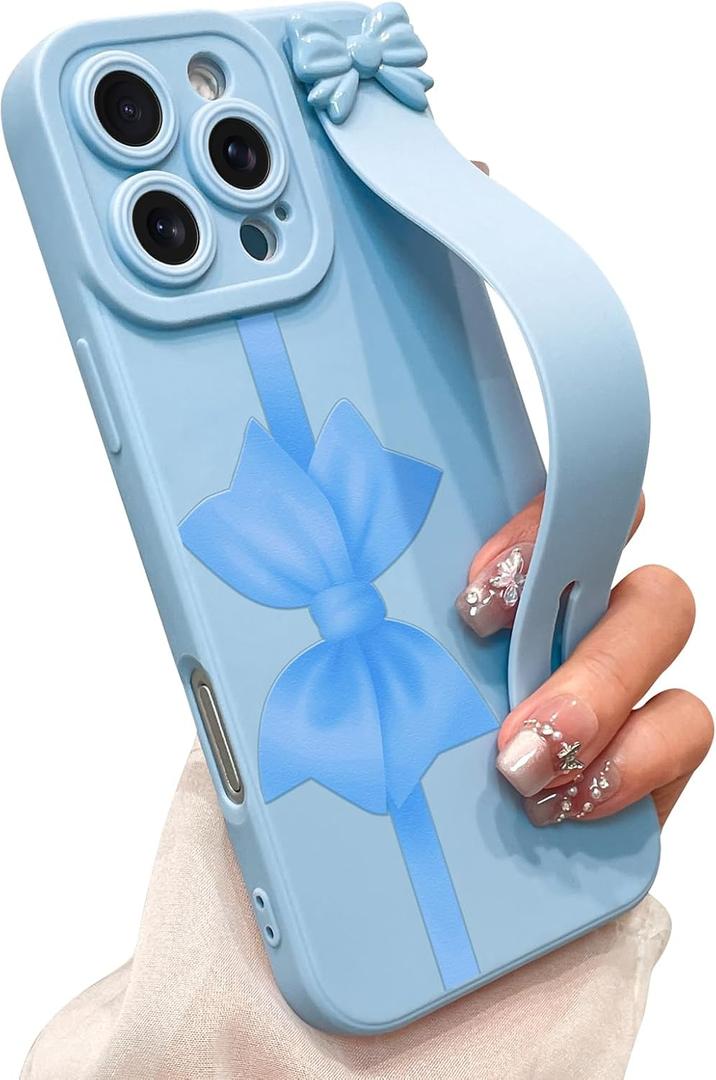 Cute Bow Case for iPhone 16 Pro Max with Finger Hand Wrist Strap | Ribbon Design with Adjustable Wristband Kickstand Soft TPU Camera Protection Phone Cover for Women Girls - Blue Bow