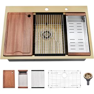 33x22 Gold Drop In Kitchen Sink - 16 Gauge Stainless Steel Kitchen Sink Single Bowl, 10 Inch Deep Workstation Sinks with Accessories for Residential & Commercial Use