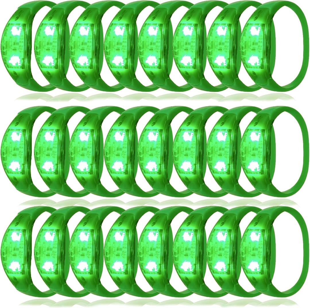 24 Pcs LED Glow Bracelets Sound Activated Music Control Light Up Bracelets for St Patty's Non Candy Goodie Gift Bag Stuffers Treats for Boy Girl For Birthday Party,Carnival,Concerts(green)